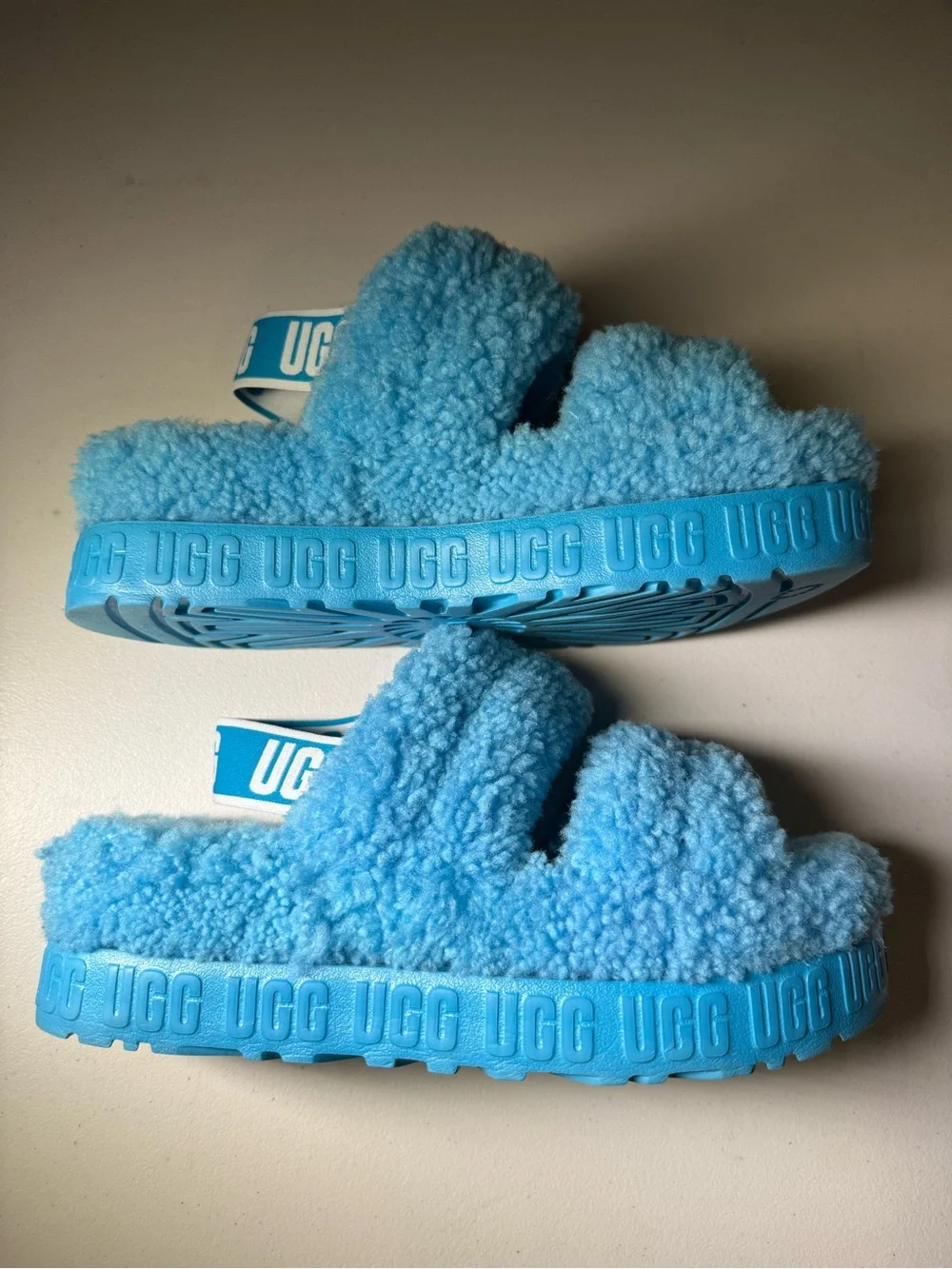UGG Sz 8 Tide Pool Blue Plush Slide Platform with Shearling Lining